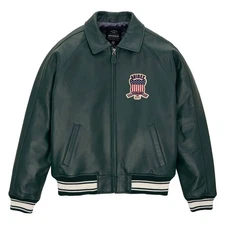 Mens Iconic Avirex Leather Jacket Dark Green American Bomber Jacket Gift for him