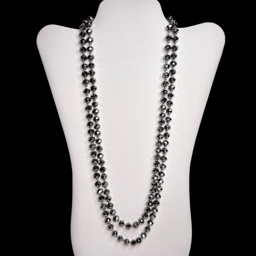 Vintage 1970s 51" Metallic Black Faceted Glass Bead Rope Necklace Knotted Cord