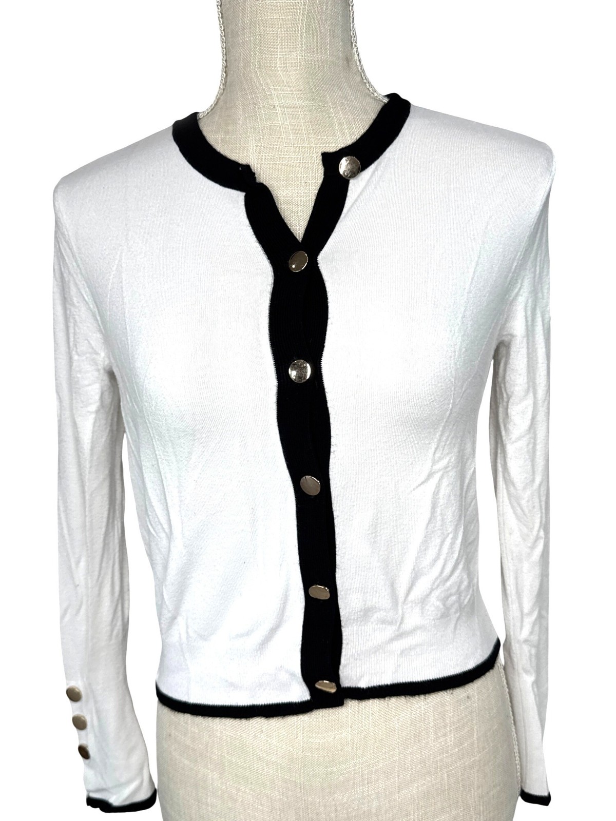 Zara Knit Womens White & Black Trim w/Gold Buttons Cardigan Sweater S