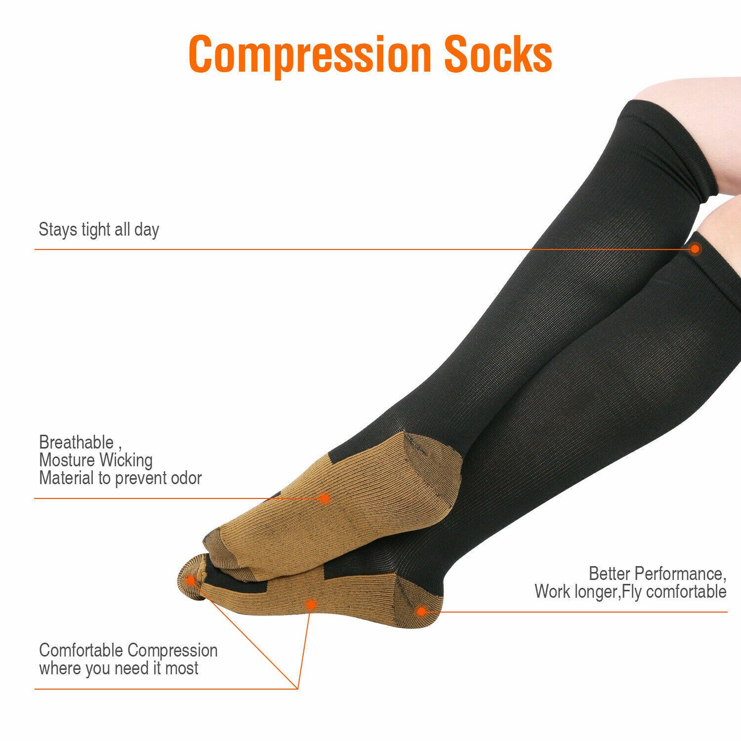 Unisex Copper Infused Anti-Fatigue Compression Socks Varicose Vein Stocking Pair