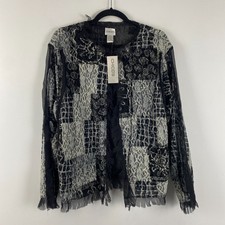 Chicos Puff Fringe Jacket Size 2 US Large Silk Lined Hook Eye Closure