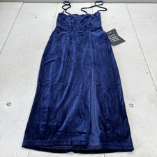 Lulus Dress Womens S Blue Velvet Strappy Scoop Neck Midi Bodycon Slit Party