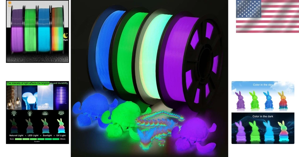 Paquete de 4 filamentos para impresora 3D que brillan en la oscuridad multicolor PLA 1,75 mm Foto 2 de 4