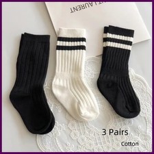 3 Pairs Kids Long Tube Cotton Socks Black White Sports School Uniform