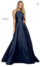Sherri Hill NWT Navy Blue 53659 Maxi Formal Gown Dress Prom Size Jewel Faux Belt