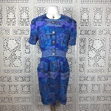 Vtg Blue  Green Retro Button Up Dress Sz M 80's Indie Preppy Casual