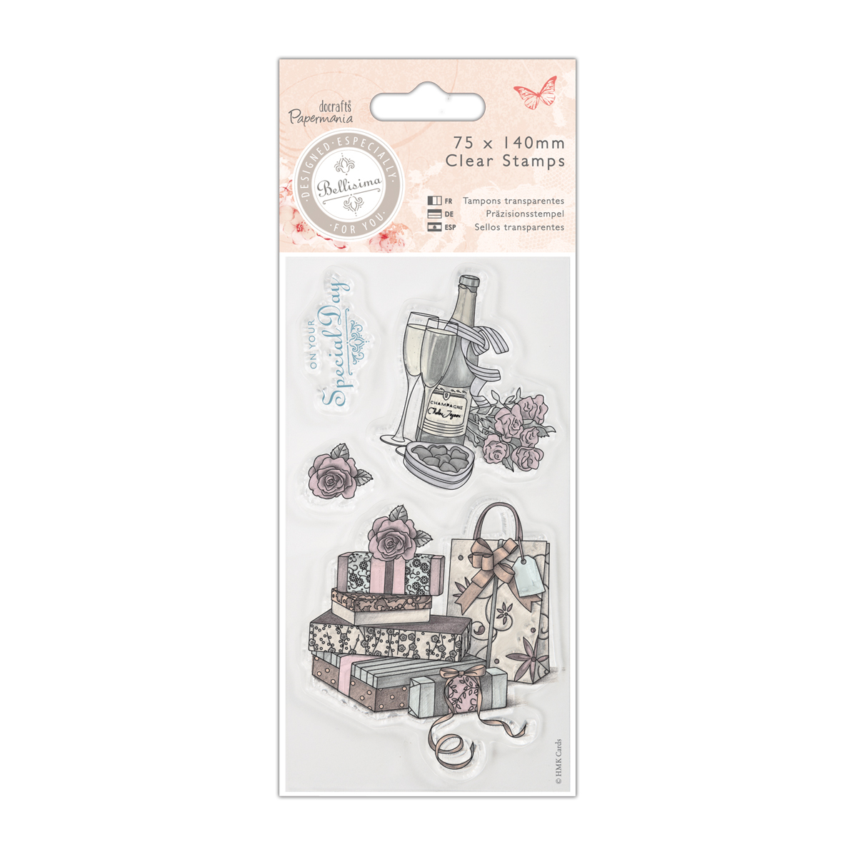 Papermania Bellisima Clear rubber stamp set Celebrate presents Champagne roses