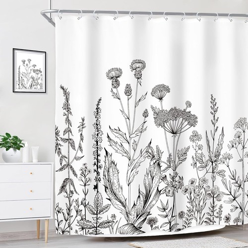 Tenda da doccia floreale con fiori selvatici - design botanico vintage, impermeabile - Foto 4 di 9