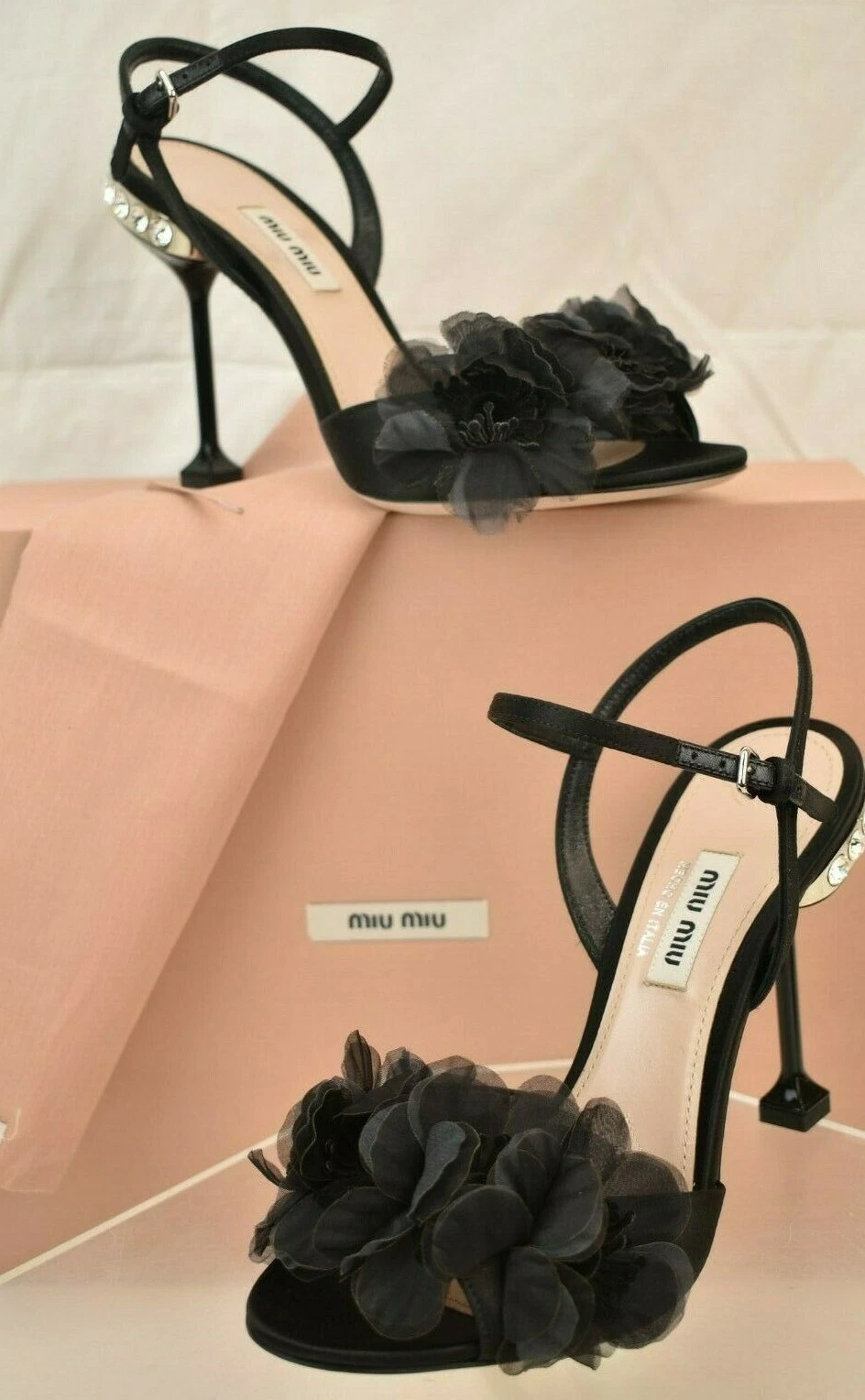 Miu Miu — MIU MIU PRADA BLACK SATIN FLORAL JEWELED CRYSTALS BUCKLE ANKLE STRAP PUMPS 39.5