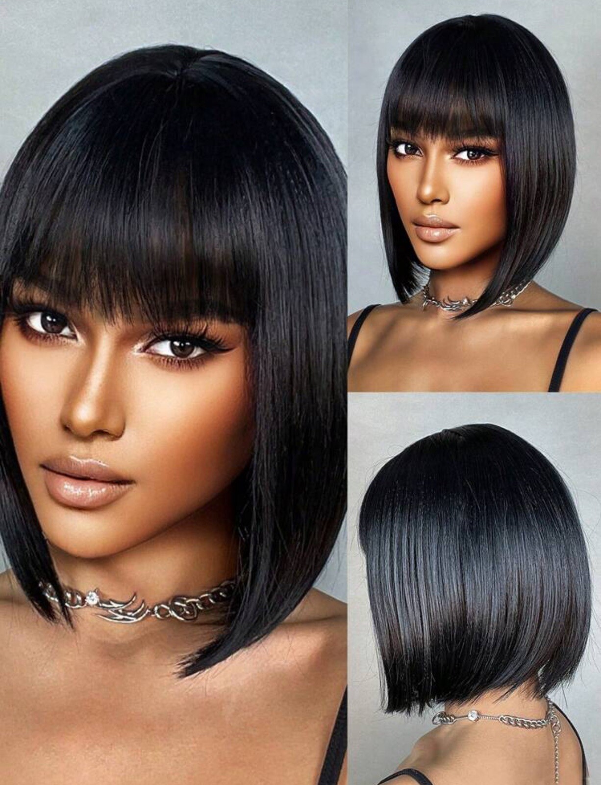 Perruque synthétique courte noire 30cm avec frange lisse pour femme et 4 bonnets