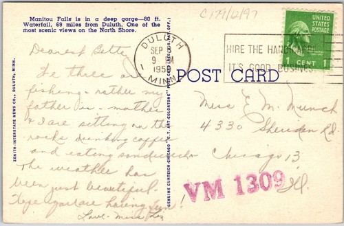 Minnesota, 1950 Manitou Water Falls, Lake Superior, North Shore Drive, Postcard - Picture 2 of 2