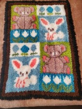 VTG Latch Hook Bears Bunnies Floral Rug 26" x 36" Nursery Wall Hanging Completed