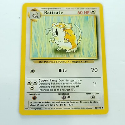 Raticate 40/102 Pokemon Base Set Unlimited Uncommon NM/MINT 1999 | eBay