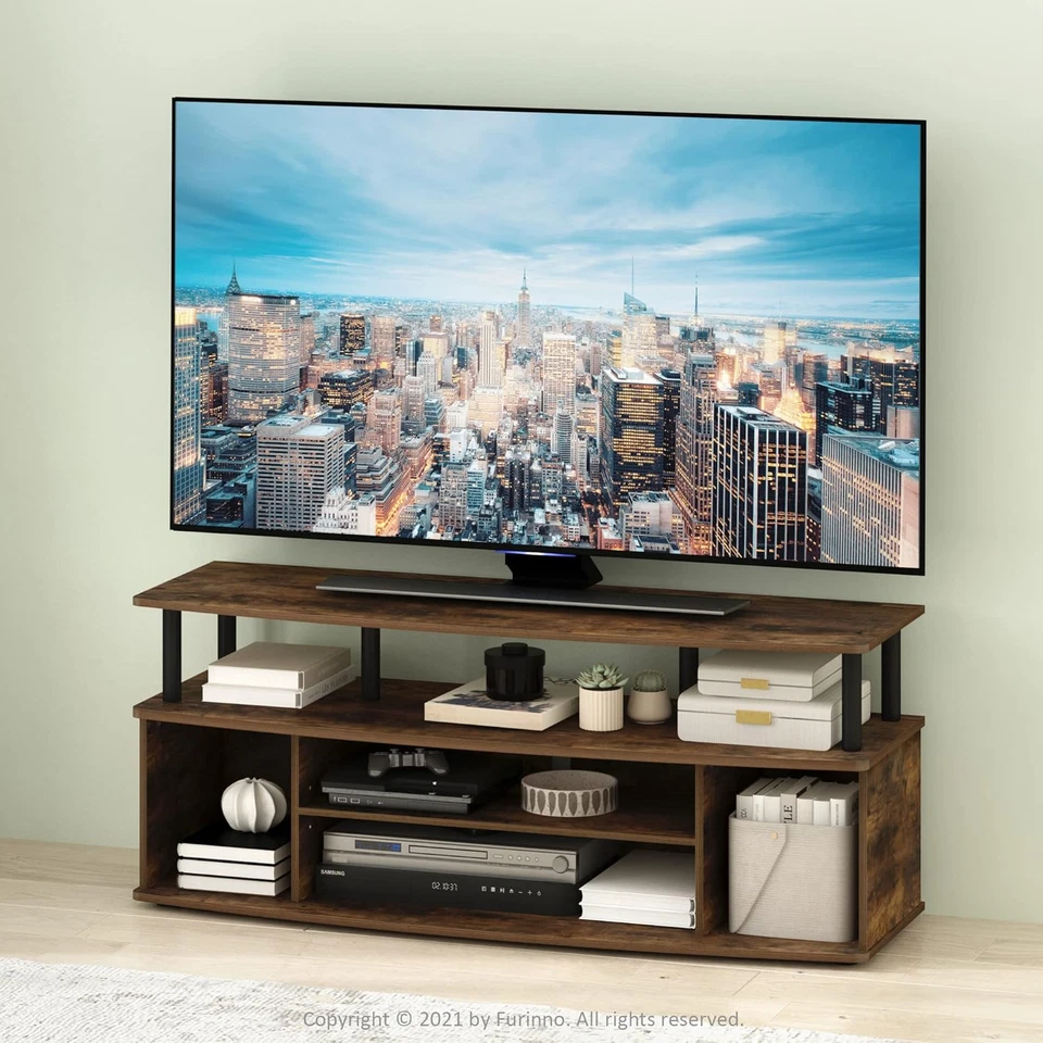 Unidad/TV de pie para centro de entretenimiento grande Jaya de hasta 55 pulgadas, pino ámbar/negro Foto 3 de 4