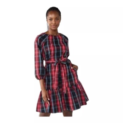 draper james red plaid dress Draper James RSVP Red Plaid Dress XXL Long Sleeve Belted Ruffle Hem Pockets