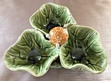 Mushroom & Cabbage Leaf Divided Candy, Nut, Dip, Trinket Dish Majolica Style 6"