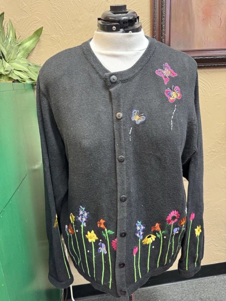 ￼ The Quacker Factory Cardigan Sweater Black 2X Flowers - Image 2 of 4