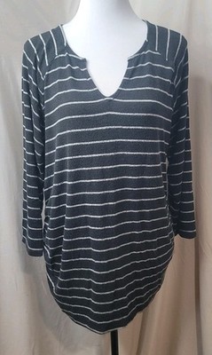 Lane Bryant Womens 14/16 Black Gray Striped Ruched Side Tunic Top 3/4 Sleeve