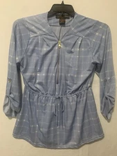 COCO AND SHAY BlUE TOP GATHERED WAIST, ZIP FRONT, BUTTON TAB SLEEVES XL