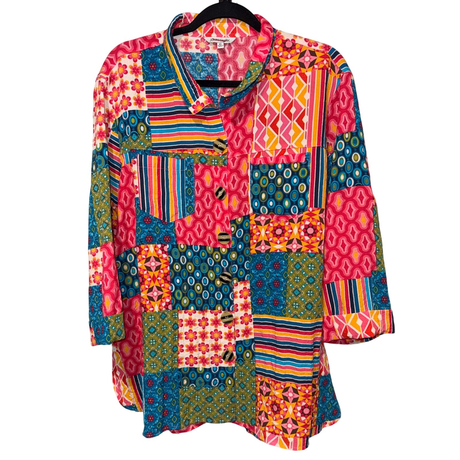 John Mark Patchwork Colorful Button Up Shirt Ecle… - image 1