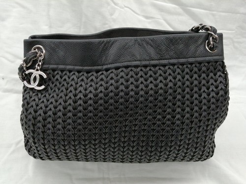 Authentic Chanel CC Charm black woven Caviar Skin Leather Tote Bag