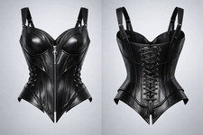 Black Genuine Leather Corset – Front Zip & Lace Back Waist Shaper