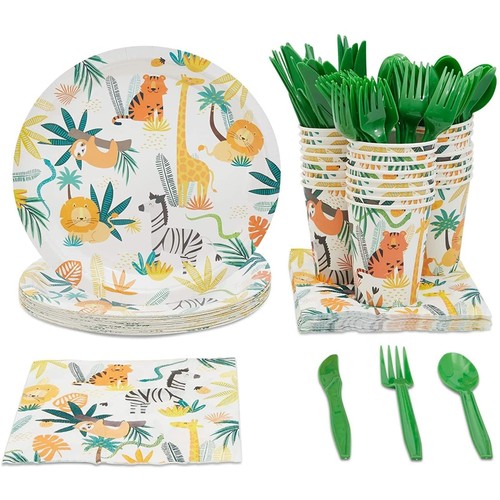 144 Piece Jungle Safari Theme Birthday Party Decorations - Zoo Animal Dinnerw...