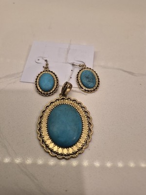 Barse Turquoise Pendant Necklace and Earrings Set Gold Tone