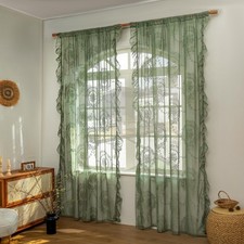 102 Inches Long Sage Green Lace Curtains for Bedroom 2 Panels Set Vintage Boh...