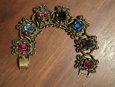 Hollycraft Victorian Medieval Revival Rhinestone Link Bracelet Bronze Tone 7