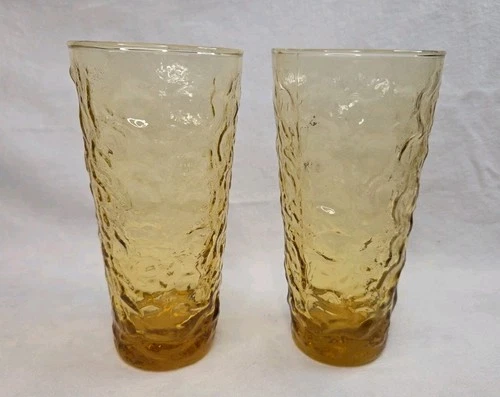 Vintage Set of 2 Anchor Hocking Milano Honey Gold Glasses 16oz