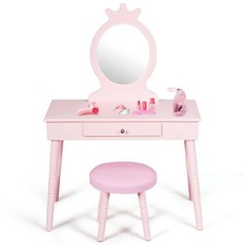 Vanity Makeup Table Set with Real Mirror for Little Girls Pink