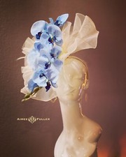 Kentucky Derby Hat Royal Ascot Fascinator Light  Dark Blue Orchids Off White