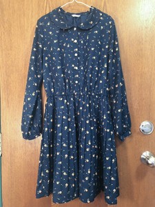 navy floral long sleeve pleated midi dress