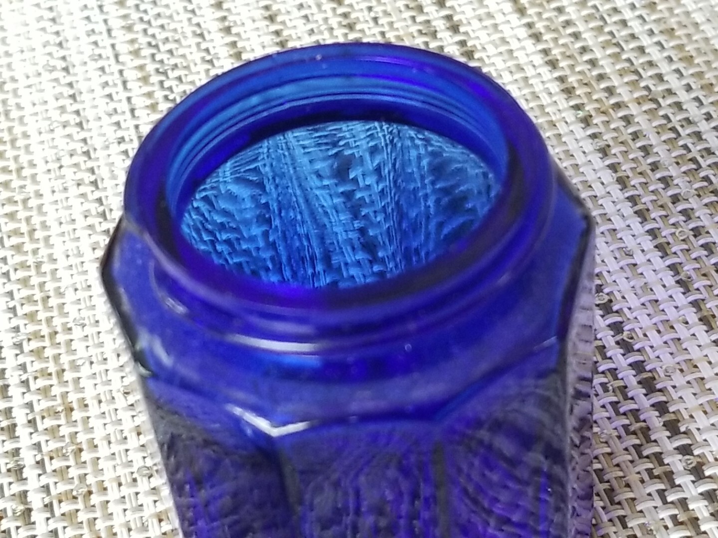 ANTIQUE VINTAGE CO-RE-GA DENTURE ADHESIVE COBALT BLUE GLASS PENCIL SHARPENER JAR