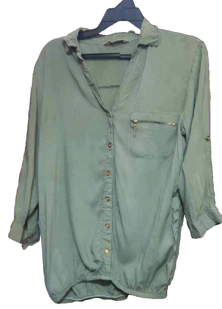 Camisa verde militar para mujer, botones, bolsillo con cremallera, manga...
