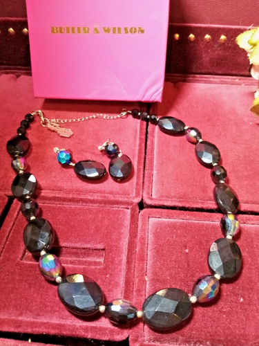 Butler & Wilson Necklace Earrings Set Dangle Black Faceted Beads Boxed - Picture 3 of 24