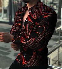 Men Button Down Shirts Long Sleeve Black Red Casual Classic Fit Fashion Up Dress