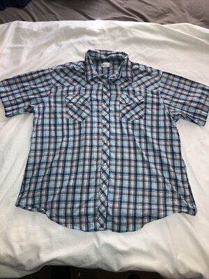 Wrangler Wrancher Blue Black Mens Button Down Shirt Pearl Snap Short Sleeve XXL