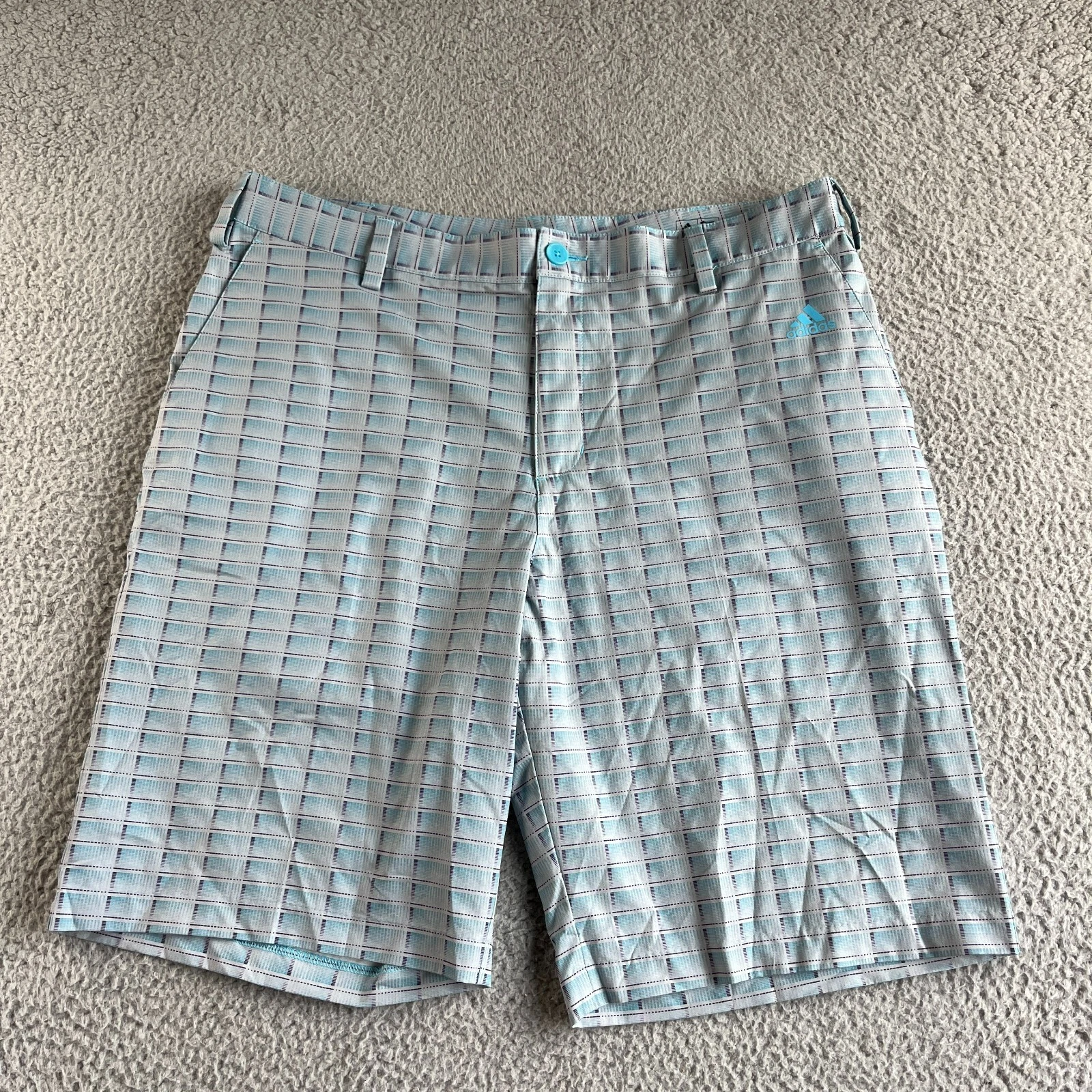 NEW Adidas Shorts Mens 34 Gray Blue Check Climalite Golf Outdoor Travel Beach