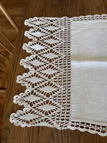 Vintage Off-White Crochet Edge Linen Table Runner 62x16.5” - Picture 2 of 12