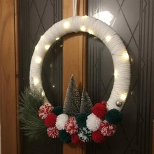 16 Inch Pompom Christmas Wreath with LED Lights, Large Lighted Christmas Door...