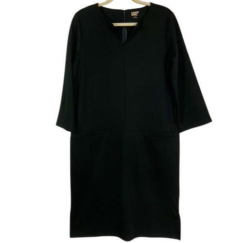 NWOT Lands' End Women's Black Ponte knit Dress, 3/4 sleeves, split V-neck, sz 8