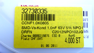 Verkaufe 100 St. SMD Kondensatoren 1nF, 63V, Tolleranz 5%,NPO, Raster 0805, Gurt