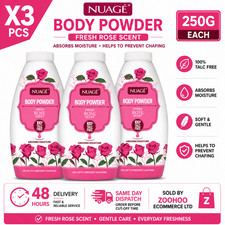 3 x Nuagé Body Powder 250g Fresh Rose Scent 100% Talc Free Absorbs Moisture