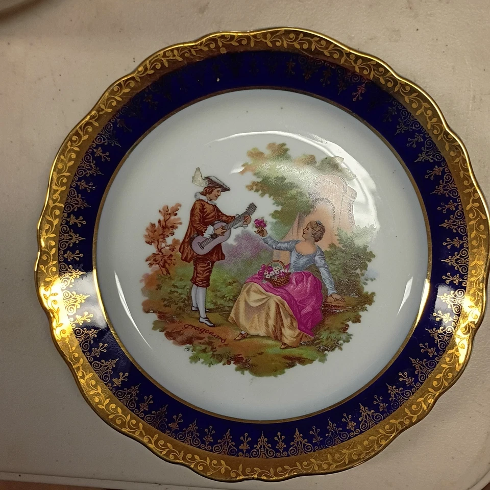 Vintage Limoges Veritable Porcelain D'Art Cobalt Blue Gold Plate Courting Couple - Image 3 of 4