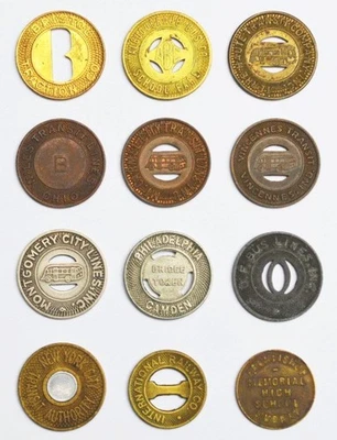 Sammlung Lot USA 36 Wertmarken Token Bridge Token Bus Railway Ferry School Fare - Bild 1 von 4