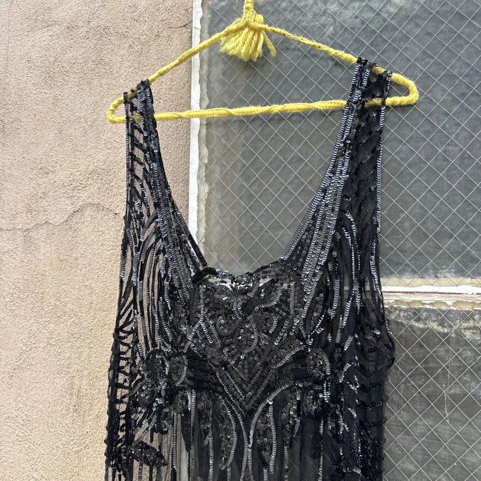 Antique 1920s Black Iridescent Sequin Net Dress Open Sides Illusion Vintage - Image 3 of 4