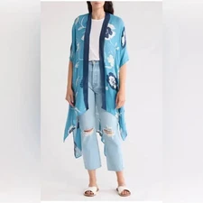 Melrose And Market One Size Blue Flower Print Ruana Open Front Topper Blue