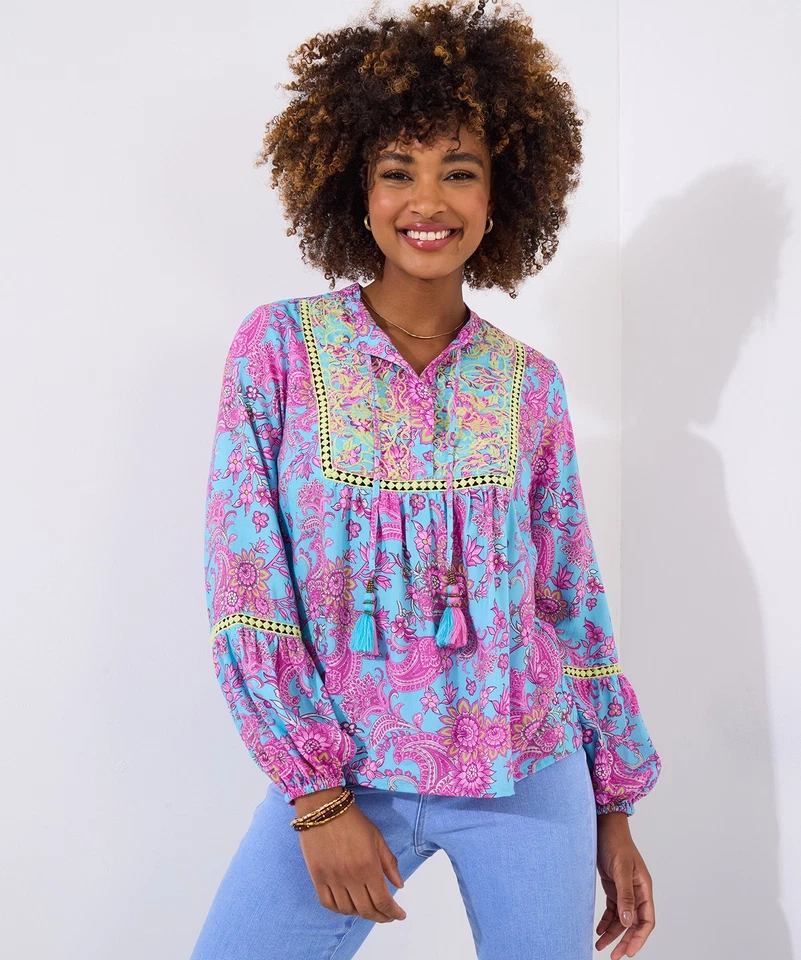 Joe Browns Women's Bold Floral Embroidered Tassel Top, Blue, 6